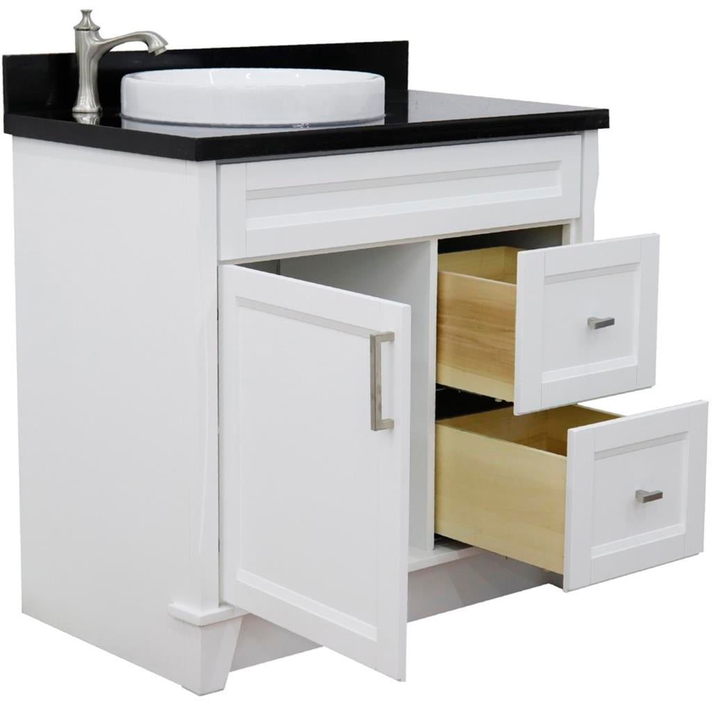 Bellaterra Terni 37" Single Vanity, White, Black Galaxy Granite Top, Left Door/Round Left Sink