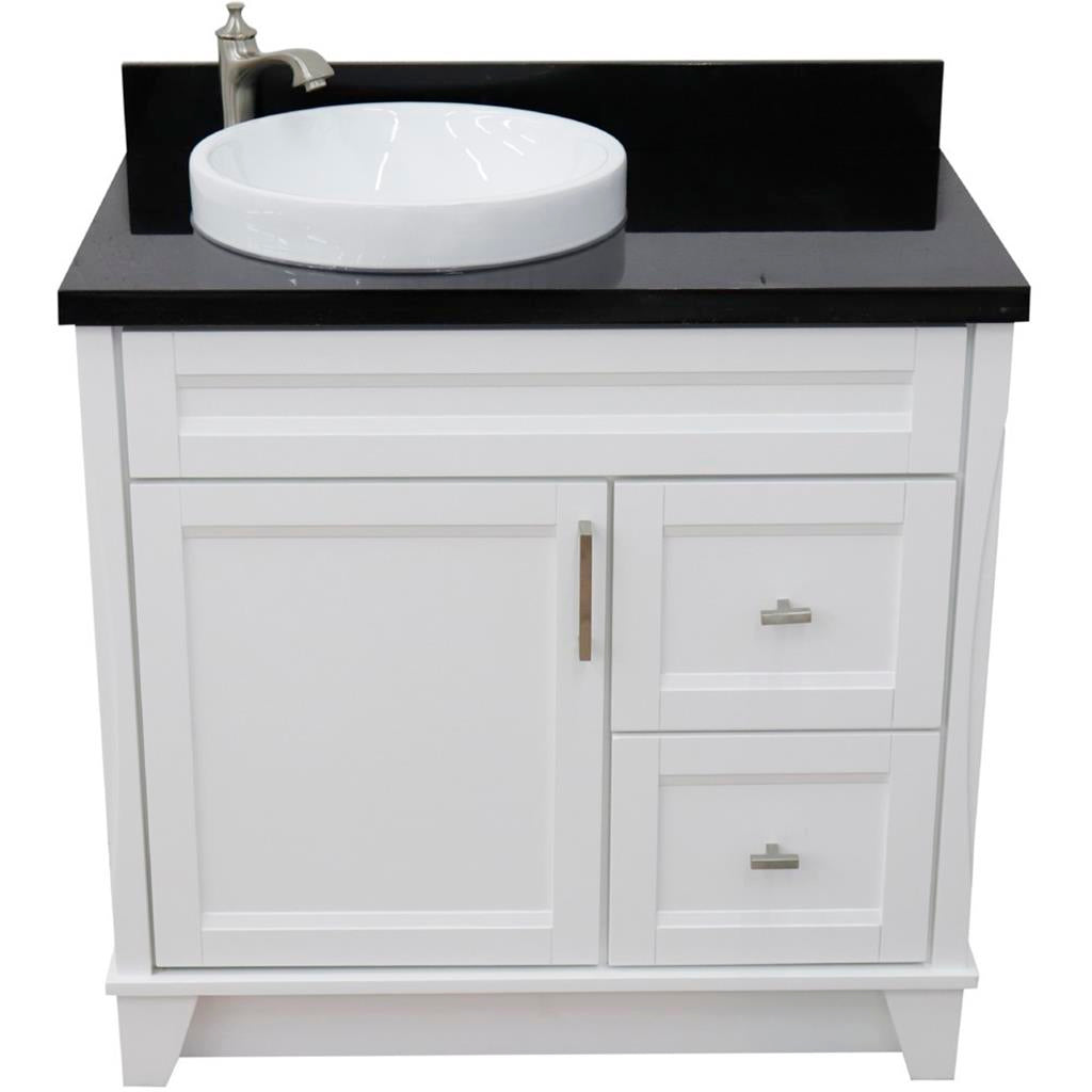 Bellaterra Terni 37" Single Vanity, White, Black Galaxy Granite Top, Left Door/Round Left Sink