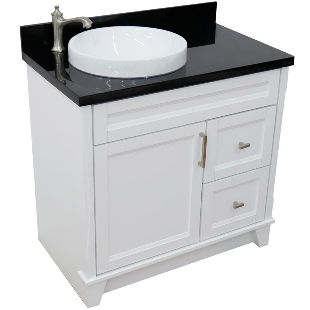 Bellaterra Terni 37" Single Vanity, White, Black Galaxy Granite Top, Left Door/Round Left Sink