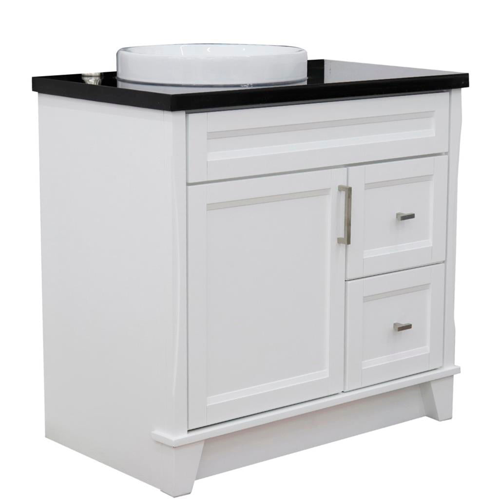 Bellaterra Terni 37" Single Vanity, White, Black Galaxy Granite Top, Left Door/Round Left Sink