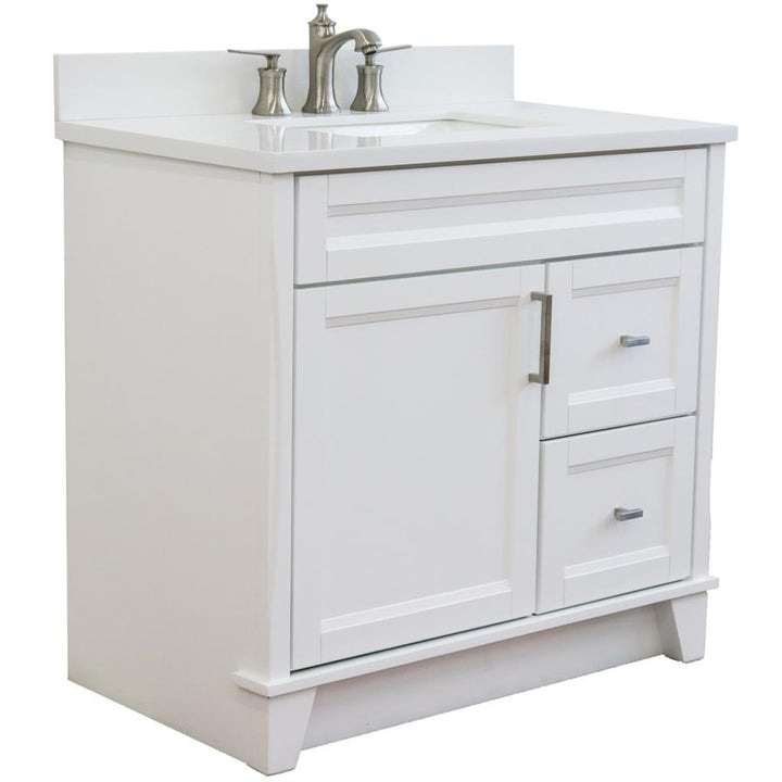 Bellaterra Terni 37" Single Vanity, White, White Quartz Top, Left Door/Center Sink