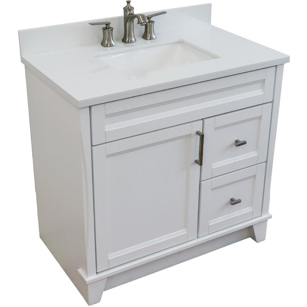 Bellaterra Terni 37" Single Vanity, White, White Quartz Top, Left Door/Center Sink