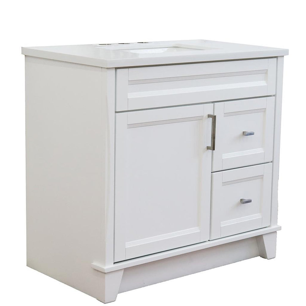 Bellaterra Terni 37" Single Vanity, White, White Quartz Top, Left Door/Center Sink