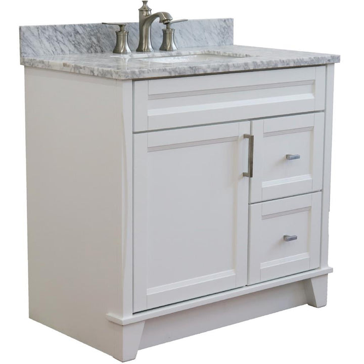 Bellaterra Terni 37" Single Vanity, White, White Carrara Marble Top, Left Door/Center Sink