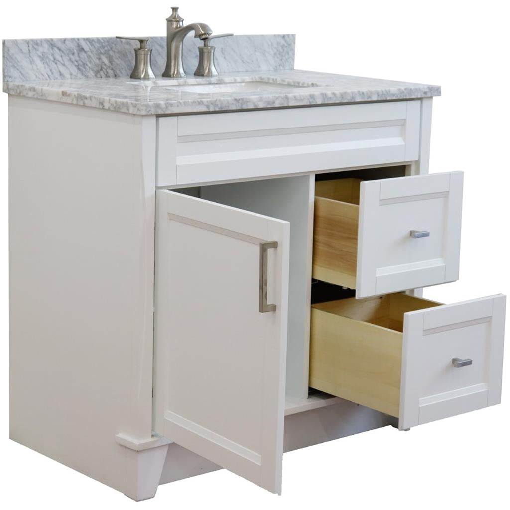 Bellaterra Terni 37" Single Vanity, White, White Carrara Marble Top, Left Door/Center Sink