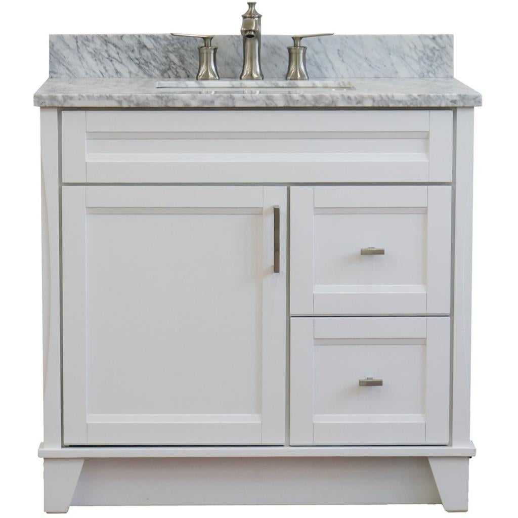 Bellaterra Terni 37" Single Vanity, White, White Carrara Marble Top, Left Door/Center Sink