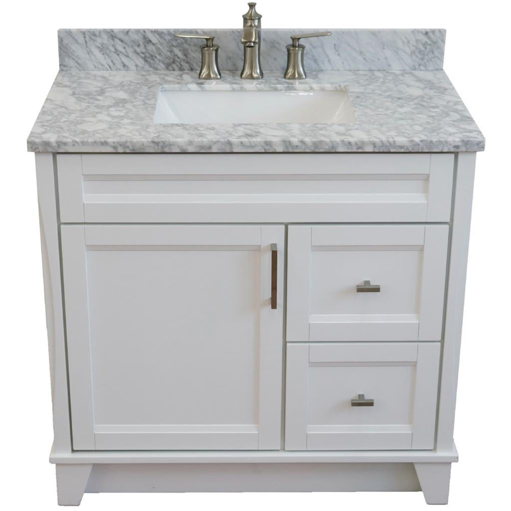 Bellaterra Terni 37" Single Vanity, White, White Carrara Marble Top, Left Door/Center Sink