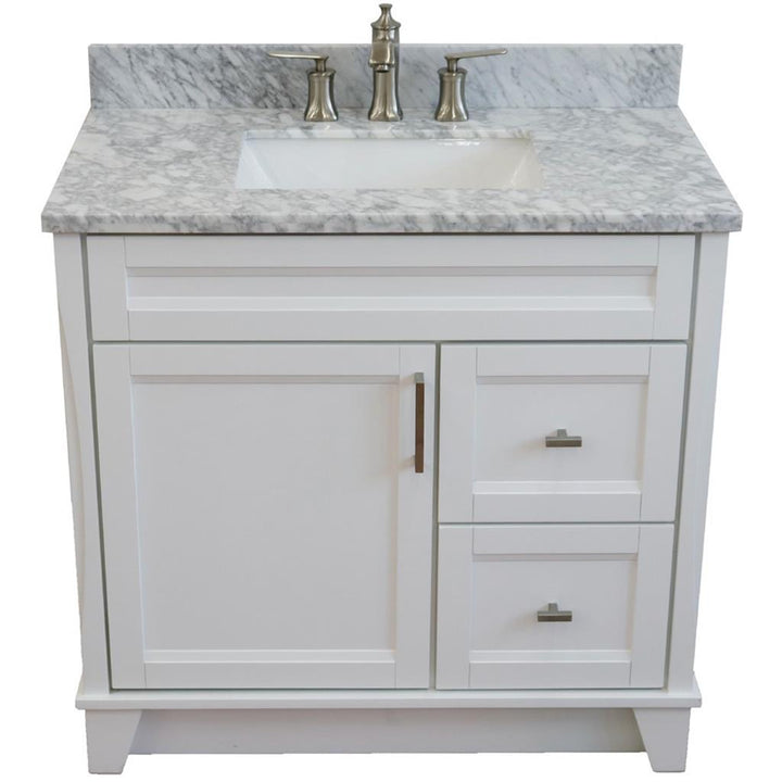 Bellaterra Terni 37" Single Vanity, White, White Carrara Marble Top, Left Door/Center Sink