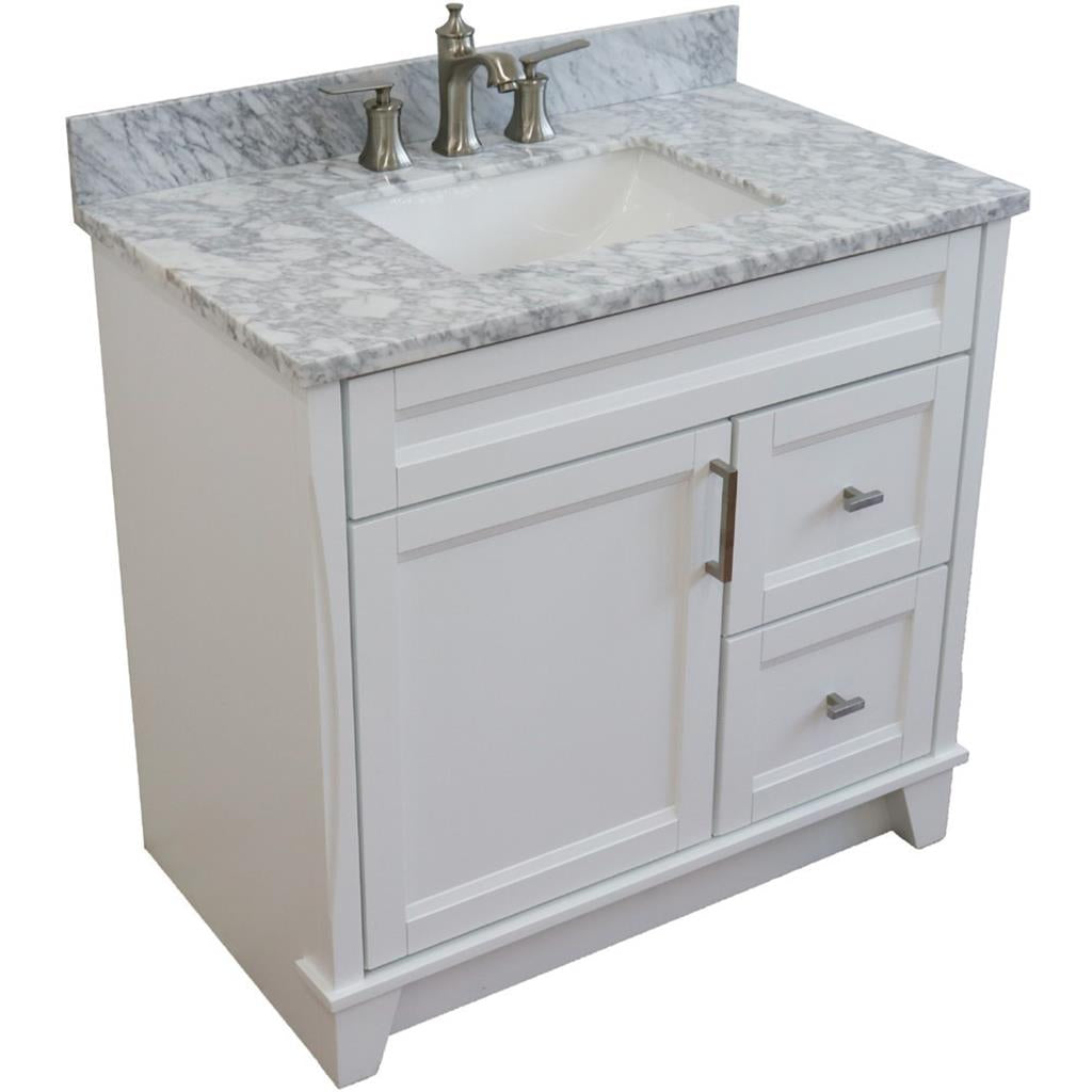 Bellaterra Terni 37" Single Vanity, White, White Carrara Marble Top, Left Door/Center Sink