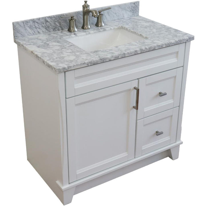 Bellaterra Terni 37" Single Vanity, White, White Carrara Marble Top, Left Door/Center Sink