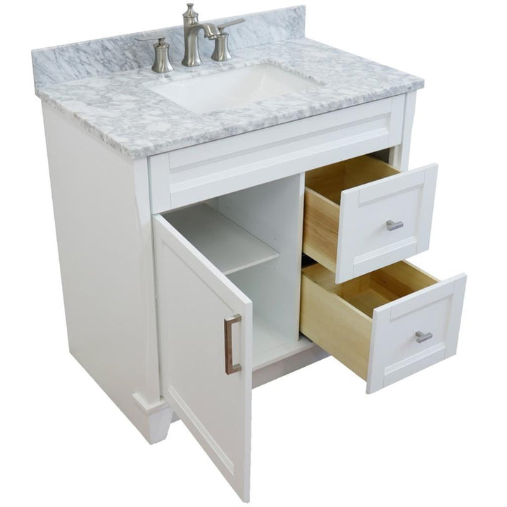 Bellaterra Terni 37" Single Vanity, White, White Carrara Marble Top, Left Door/Center Sink