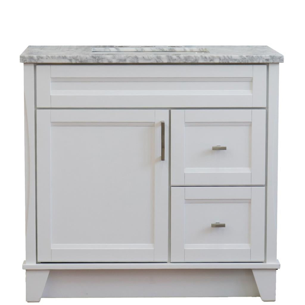 Bellaterra Terni 37" Single Vanity, White, White Carrara Marble Top, Left Door/Center Sink