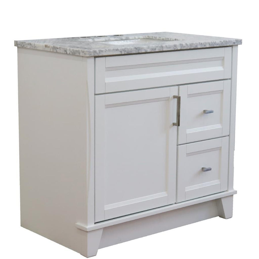 Bellaterra Terni 37" Single Vanity, White, White Carrara Marble Top, Left Door/Center Sink