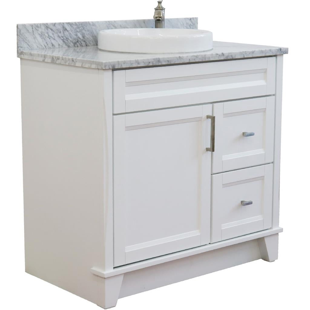 Bellaterra Terni 37" Single Vanity, White, White Carrara Marble Top, Left Door/Round Center Sink