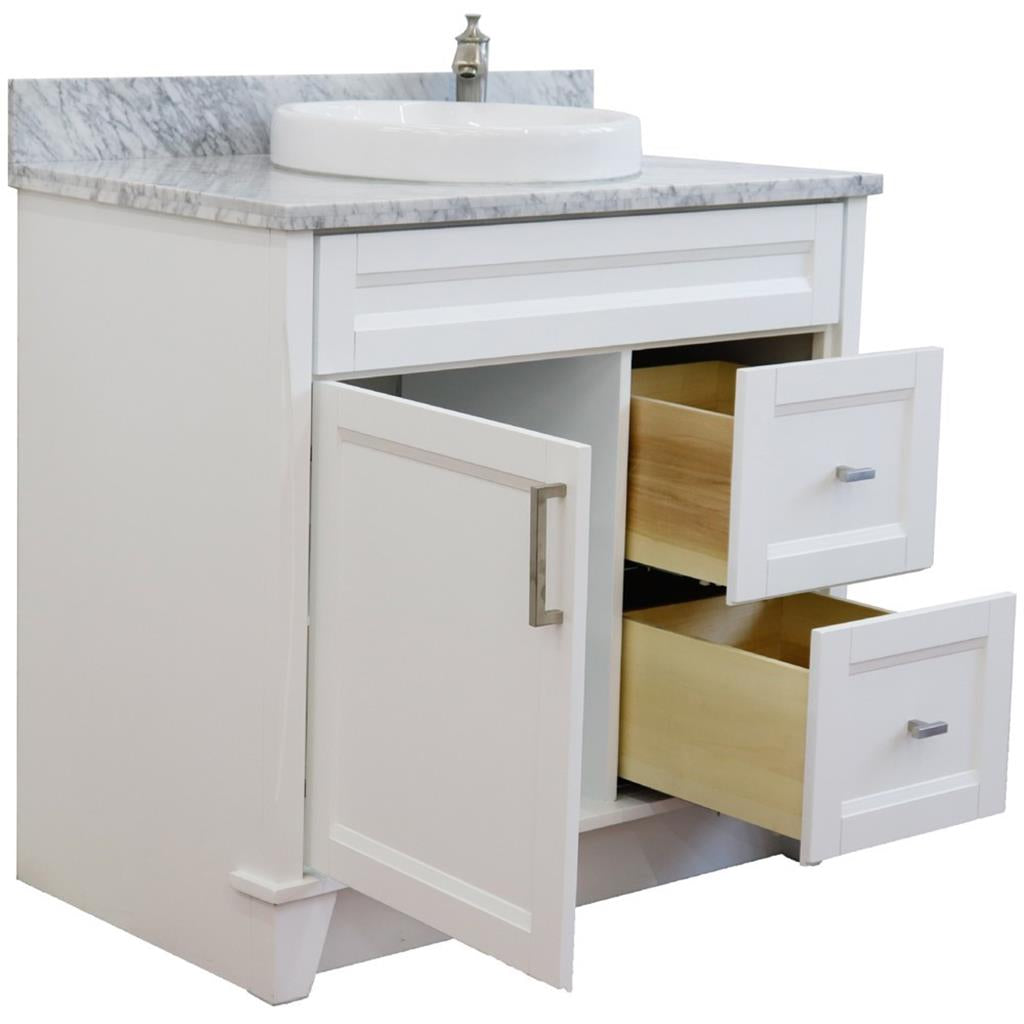 Bellaterra Terni 37" Single Vanity, White, White Carrara Marble Top, Left Door/Round Center Sink