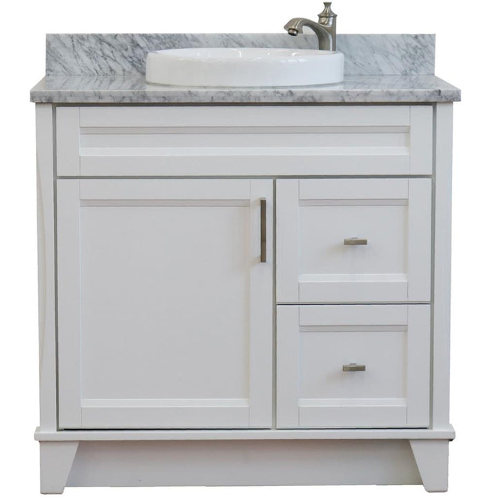 Bellaterra Terni 37" Single Vanity, White, White Carrara Marble Top, Left Door/Round Center Sink