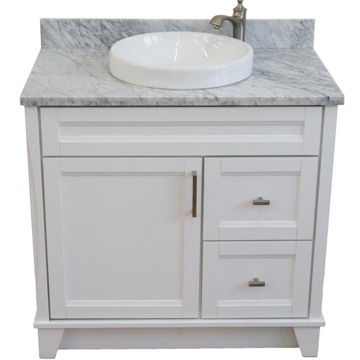 Bellaterra Terni 37" Single Vanity, White, White Carrara Marble Top, Left Door/Round Center Sink