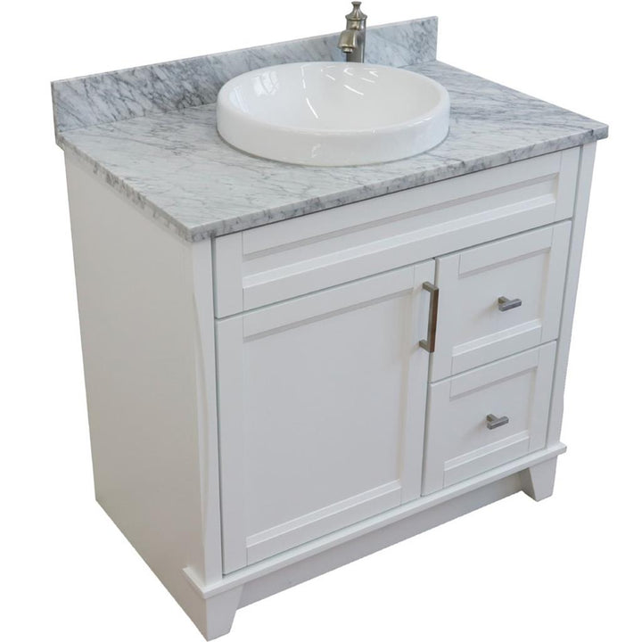 Bellaterra Terni 37" Single Vanity, White, White Carrara Marble Top, Left Door/Round Center Sink