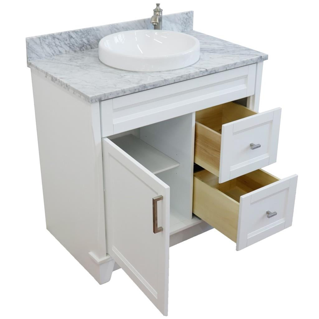 Bellaterra Terni 37" Single Vanity, White, White Carrara Marble Top, Left Door/Round Center Sink