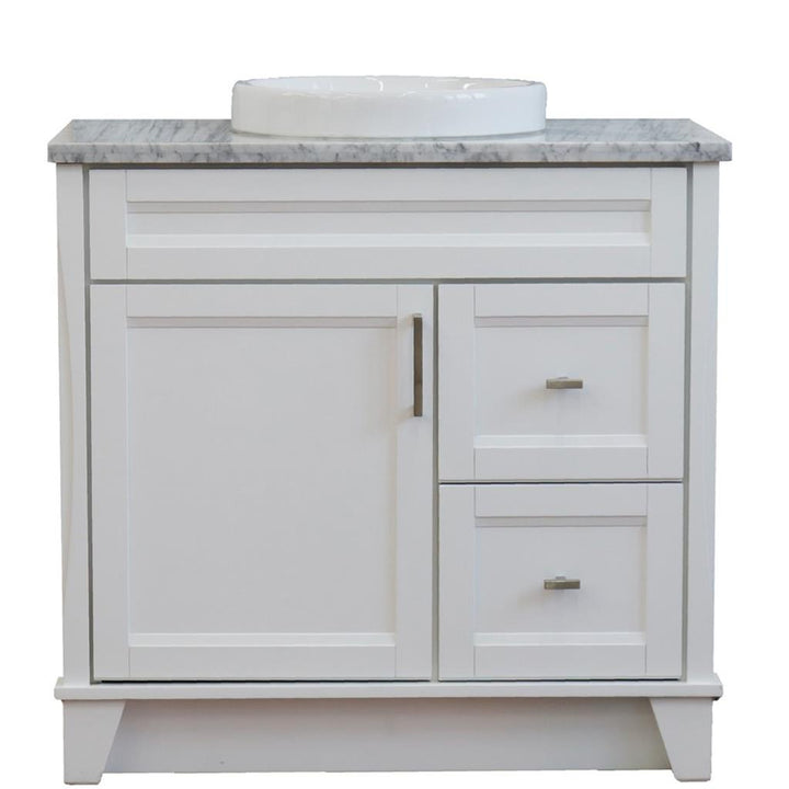 Bellaterra Terni 37" Single Vanity, White, White Carrara Marble Top, Left Door/Round Center Sink