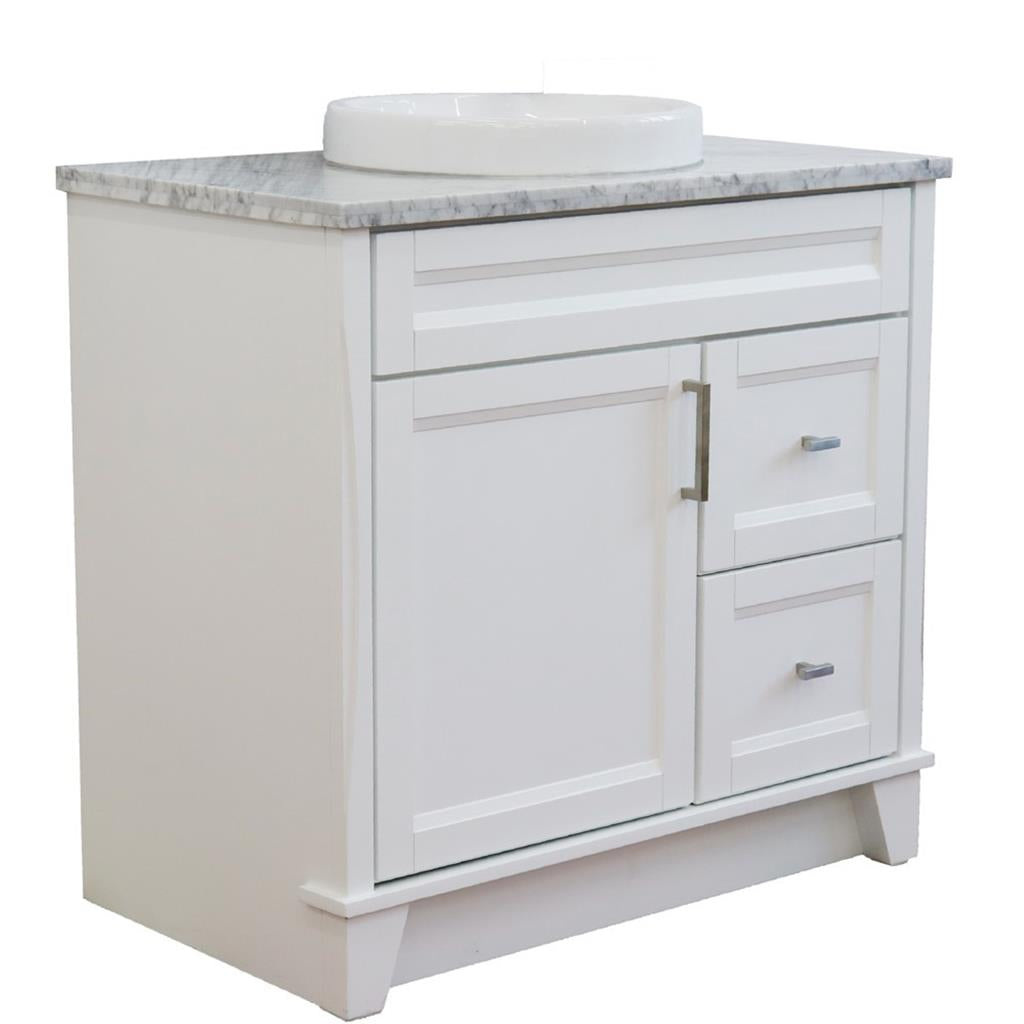 Bellaterra Terni 37" Single Vanity, White, White Carrara Marble Top, Left Door/Round Center Sink