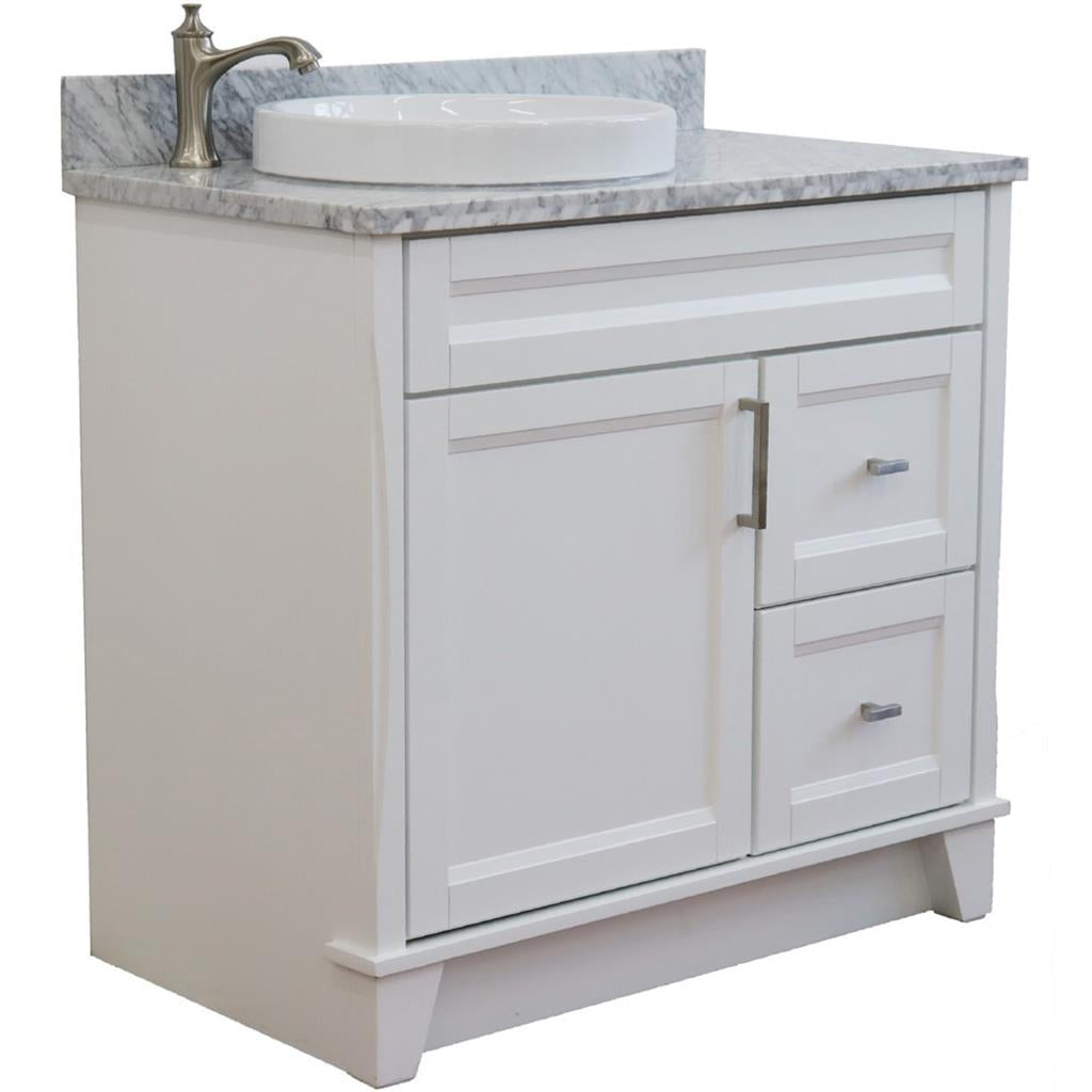 Bellaterra Terni 37" Single Vanity, White, White Carrara Marble Top, Left Door/Round Left Sink