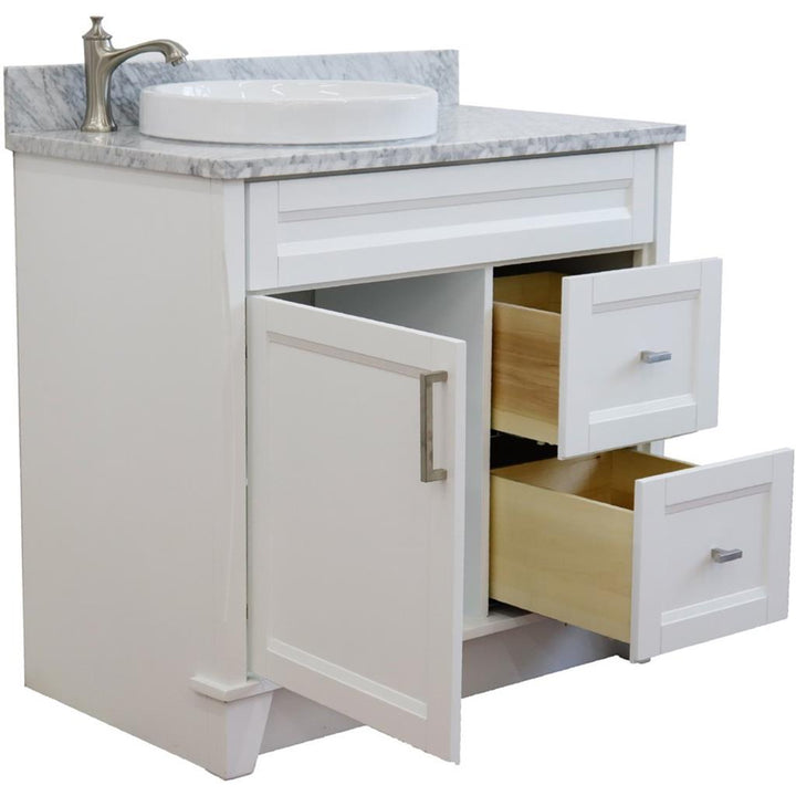 Bellaterra Terni 37" Single Vanity, White, White Carrara Marble Top, Left Door/Round Left Sink