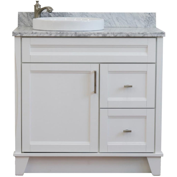 Bellaterra Terni 37" Single Vanity, White, White Carrara Marble Top, Left Door/Round Left Sink