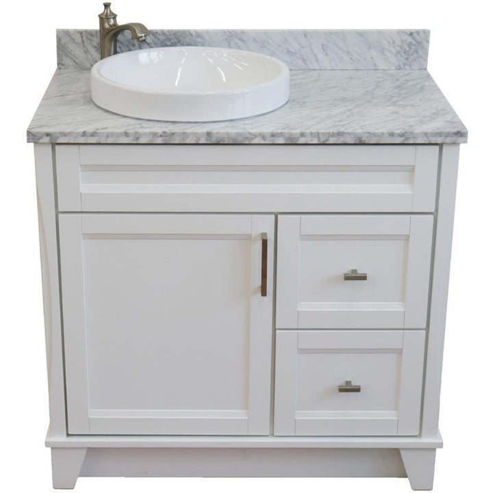 Bellaterra Terni 37" Single Vanity, White, White Carrara Marble Top, Left Door/Round Left Sink