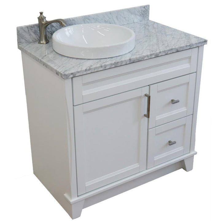 Bellaterra Terni 37" Single Vanity, White, White Carrara Marble Top, Left Door/Round Left Sink