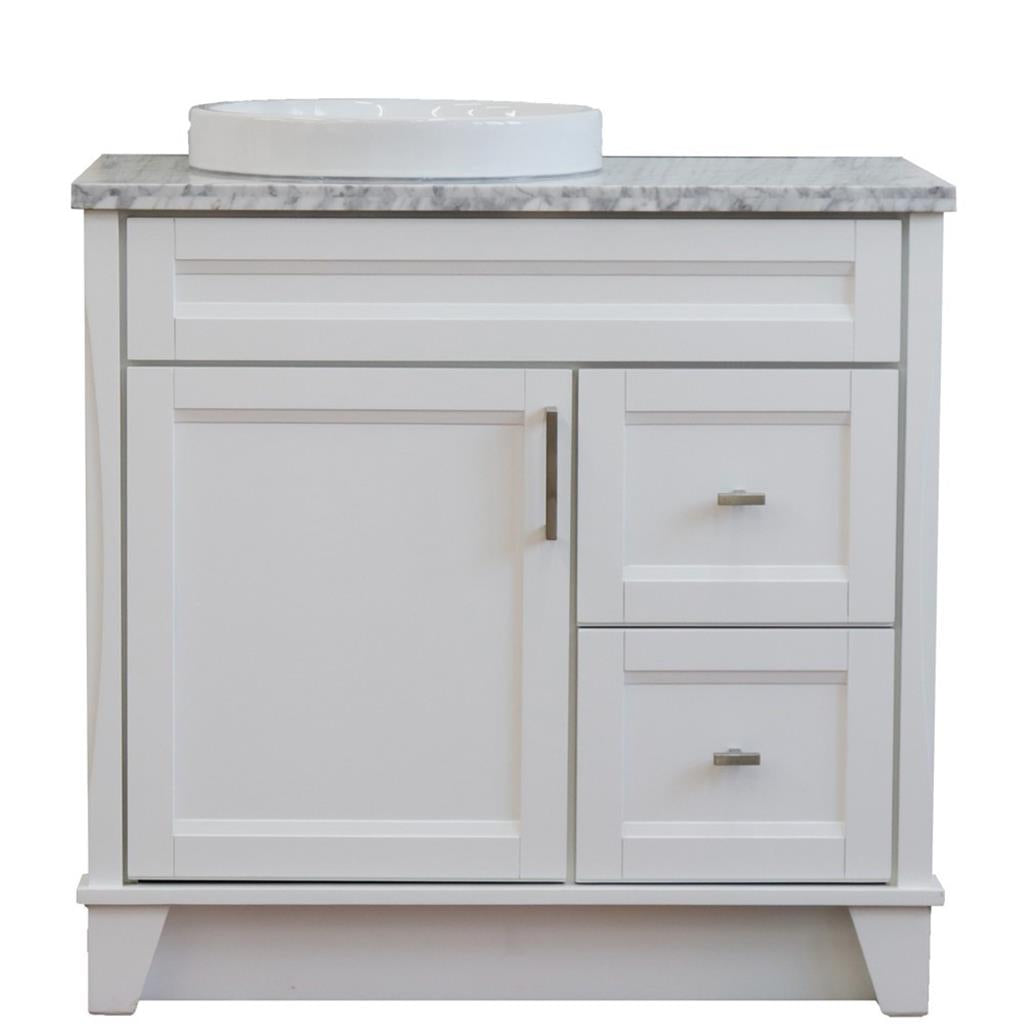 Bellaterra Terni 37" Single Vanity, White, White Carrara Marble Top, Left Door/Round Left Sink