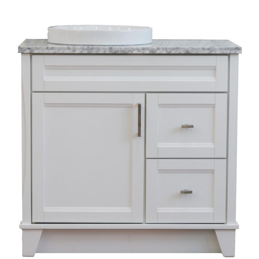 Bellaterra Terni 37" Single Vanity, White, White Carrara Marble Top, Left Door/Round Left Sink