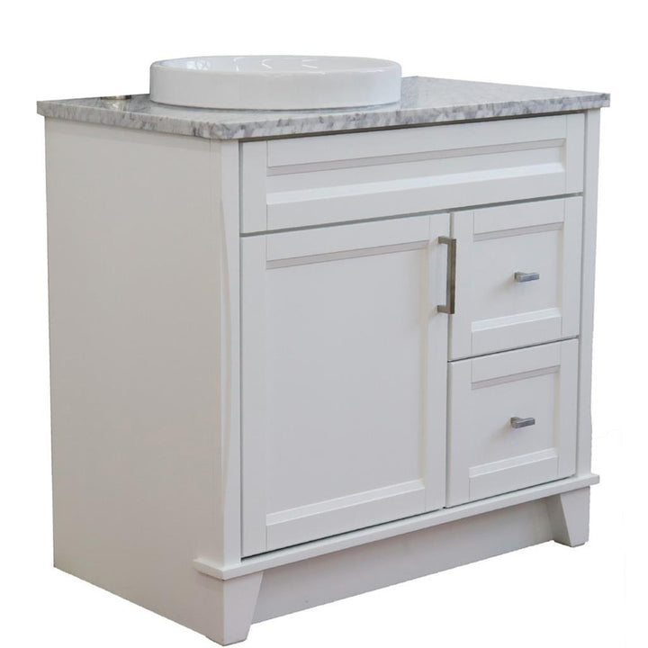 Bellaterra Terni 37" Single Vanity, White, White Carrara Marble Top, Left Door/Round Left Sink