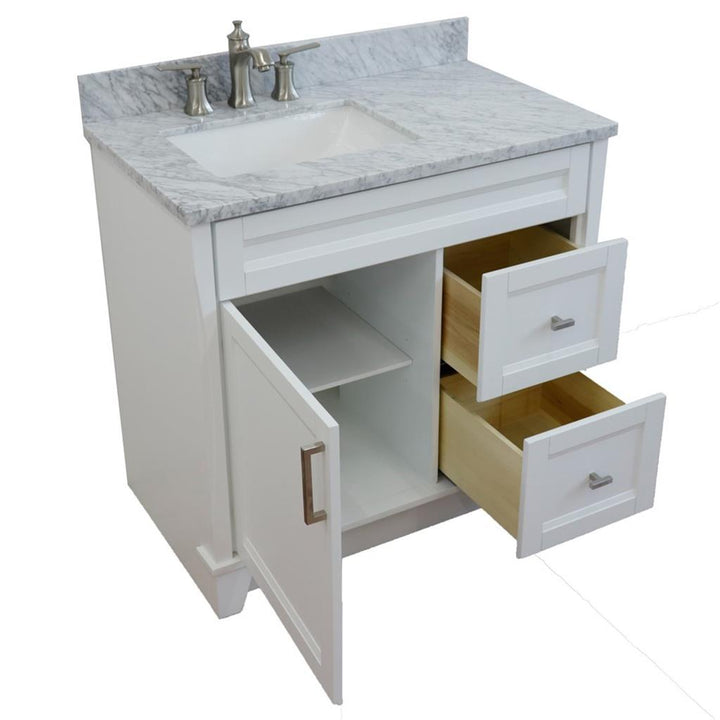 Bellaterra Terni 37" Single Vanity, White, White Carrara Marble Top, Left Door/Left Sink