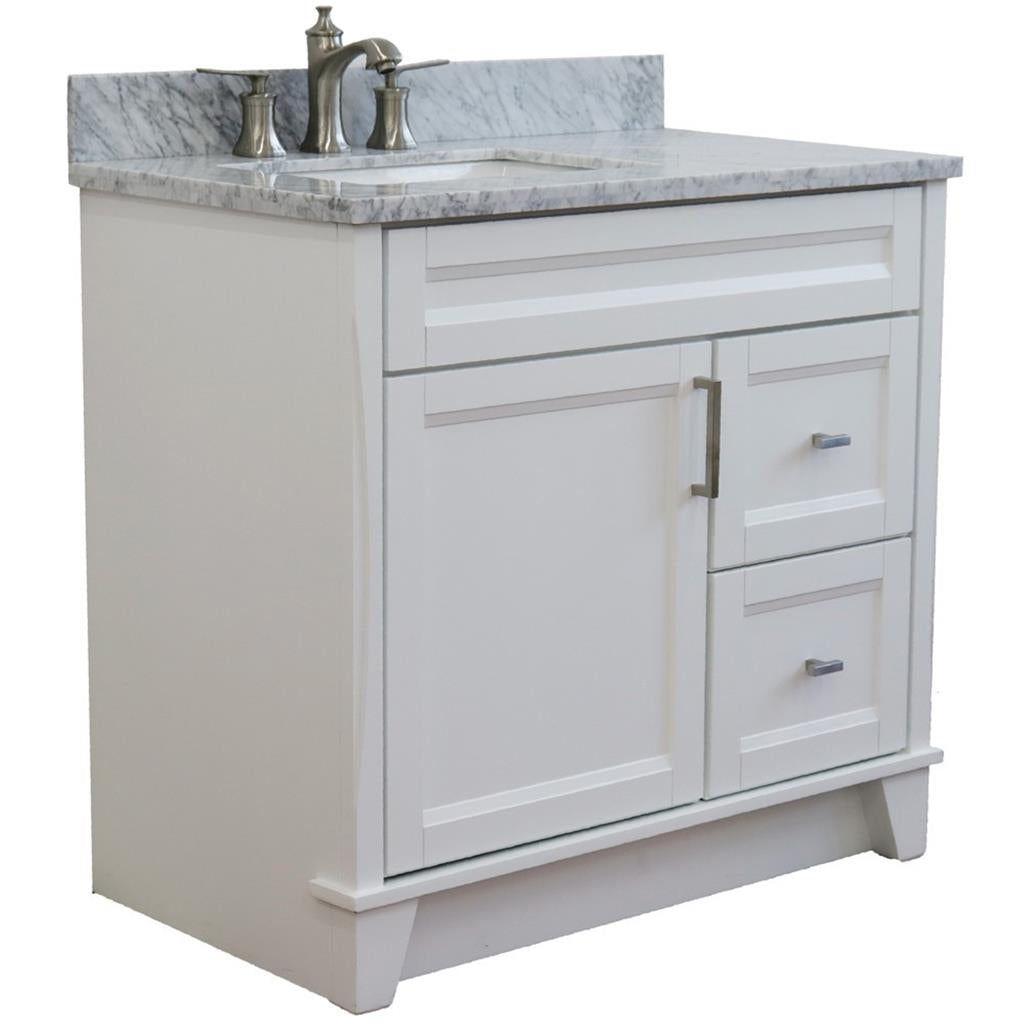 Bellaterra Terni 37" Single Vanity, White, White Carrara Marble Top, Left Door/Left Sink