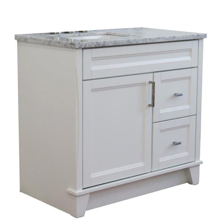 Bellaterra Terni 37" Single Vanity, White, White Carrara Marble Top, Left Door/Left Sink