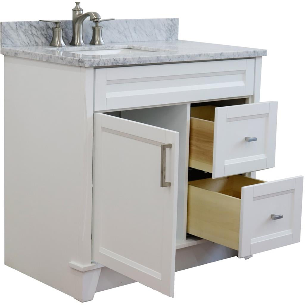 Bellaterra Terni 37" Single Vanity, White, White Carrara Marble Top, Left Door/Left Sink