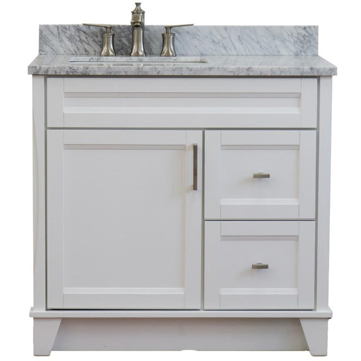 Bellaterra Terni 37" Single Vanity, White, White Carrara Marble Top, Left Door/Left Sink