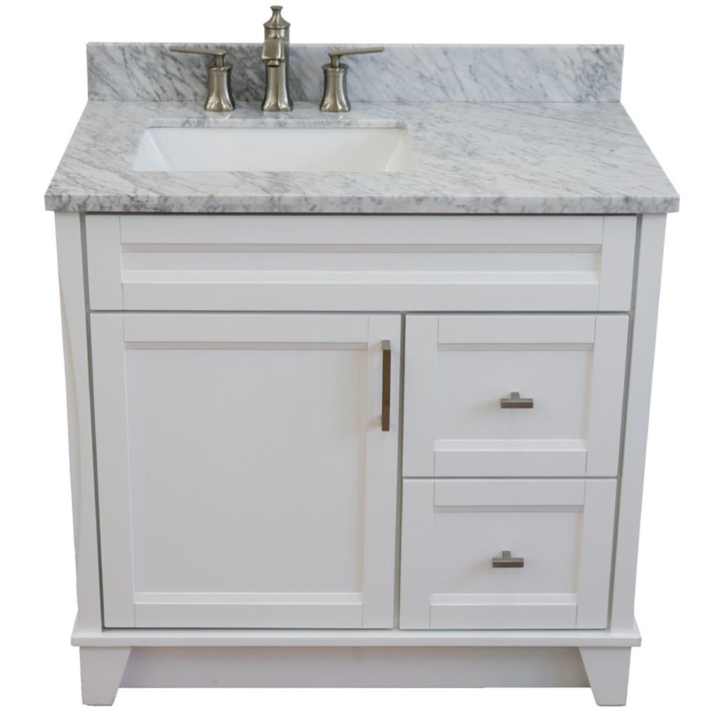 Bellaterra Terni 37" Single Vanity, White, White Carrara Marble Top, Left Door/Left Sink