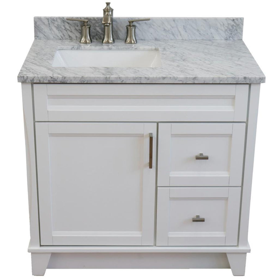 Bellaterra Terni 37" Single Vanity, White, White Carrara Marble Top, Left Door/Left Sink