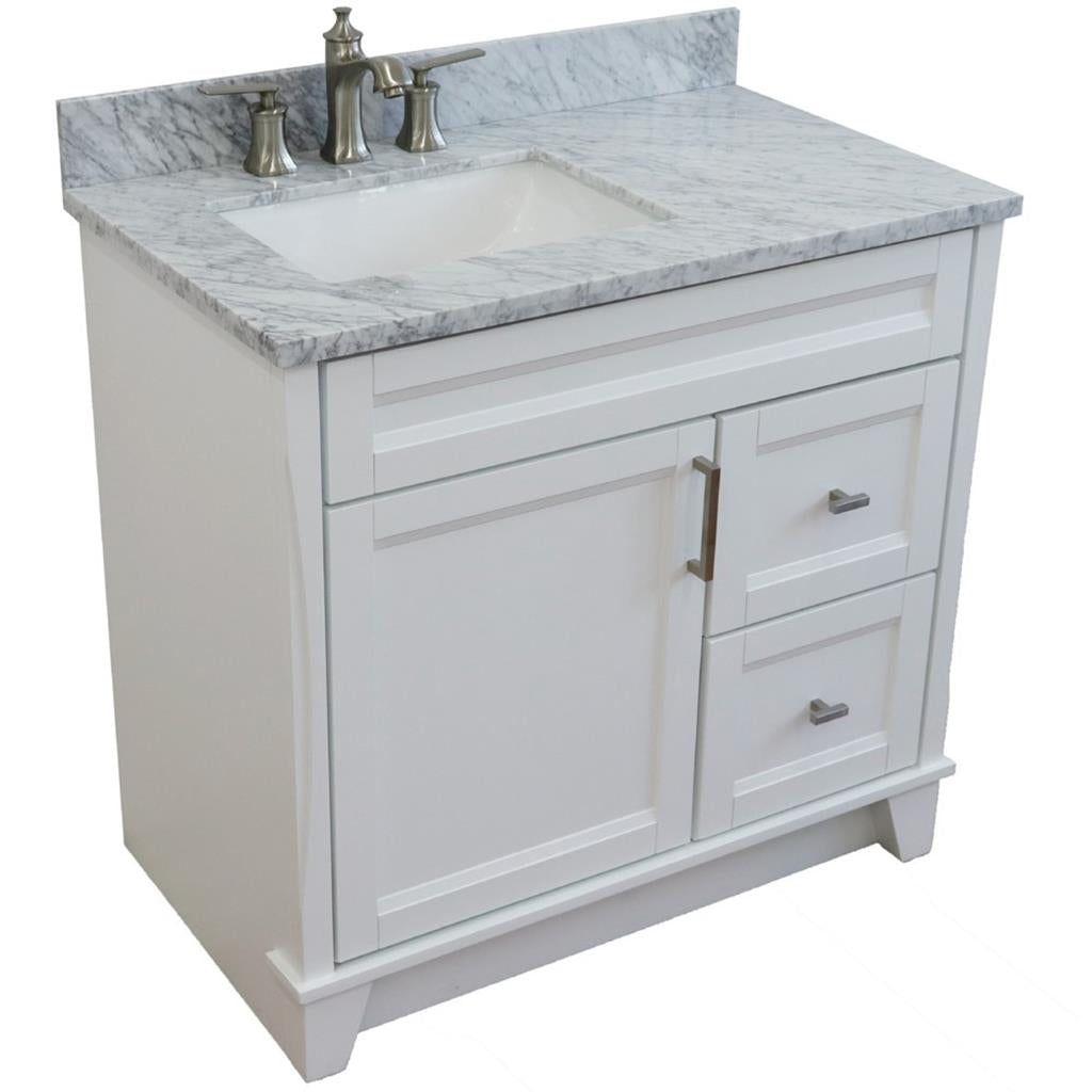 Bellaterra Terni 37" Single Vanity, White, White Carrara Marble Top, Left Door/Left Sink