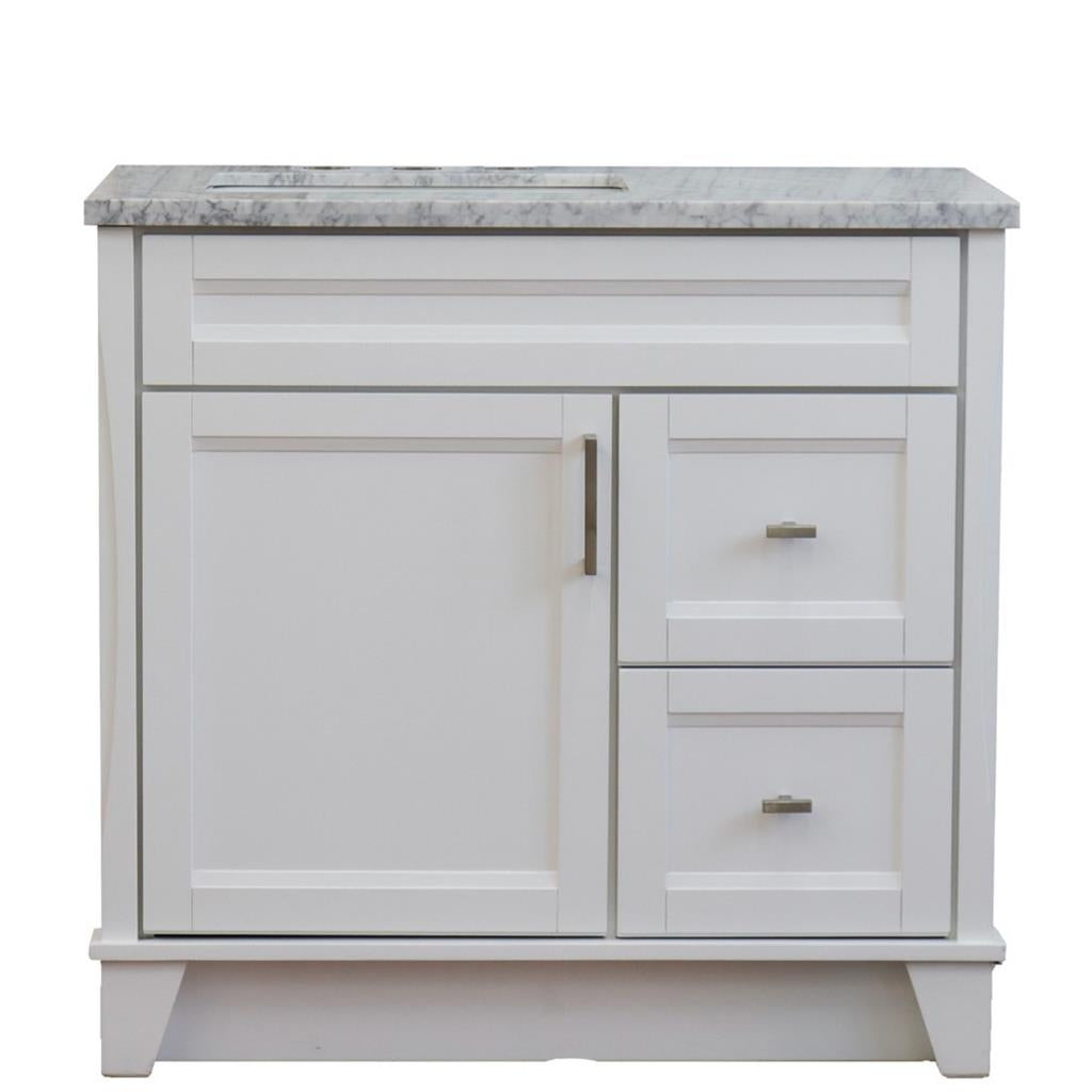 Bellaterra Terni 37" Single Vanity, White, White Carrara Marble Top, Left Door/Left Sink