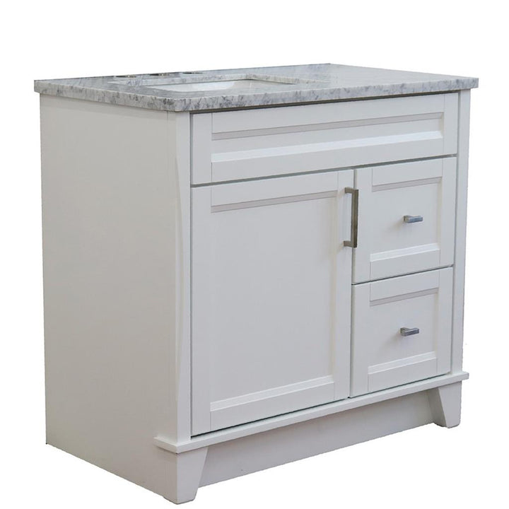 Bellaterra Terni 37" Single Vanity, White, White Carrara Marble Top, Left Door/Left Sink