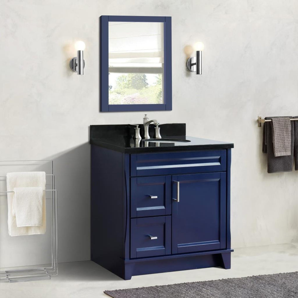 Bellaterra Terni 37" Single Vanity, Blue, Black Galaxy Granite Top/Center Oval Sink, Right Drawers