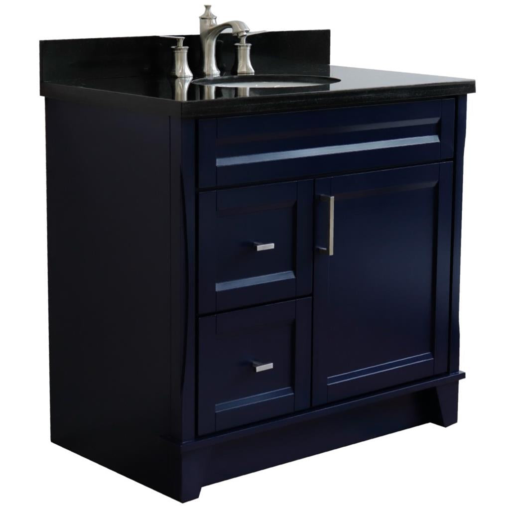 Bellaterra Terni 37" Single Vanity, Blue, Black Galaxy Granite Top/Center Oval Sink, Right Drawers