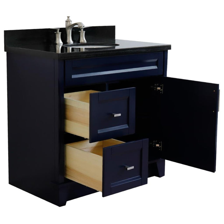 Bellaterra Terni 37" Single Vanity, Blue, Black Galaxy Granite Top/Center Oval Sink, Right Drawers