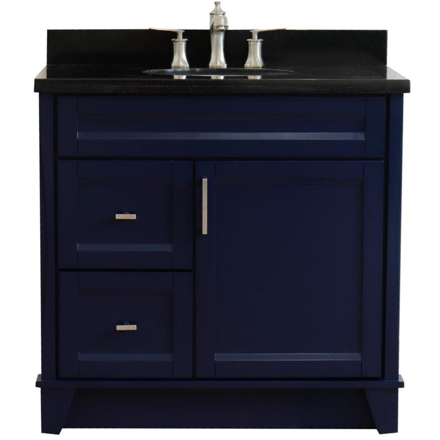 Bellaterra Terni 37" Single Vanity, Blue, Black Galaxy Granite Top/Center Oval Sink, Right Drawers