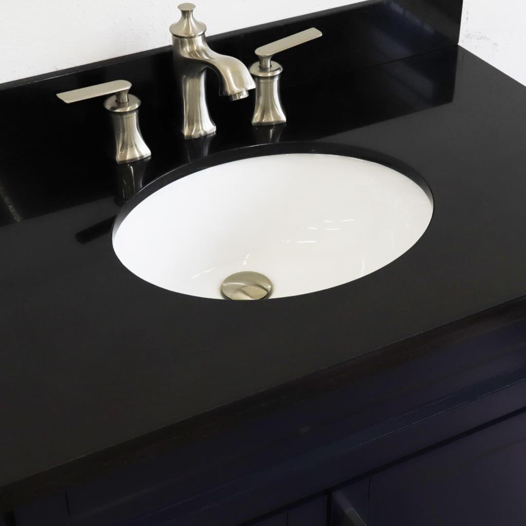 Bellaterra Terni 37" Single Vanity, Blue, Black Galaxy Granite Top/Center Oval Sink, Right Drawers