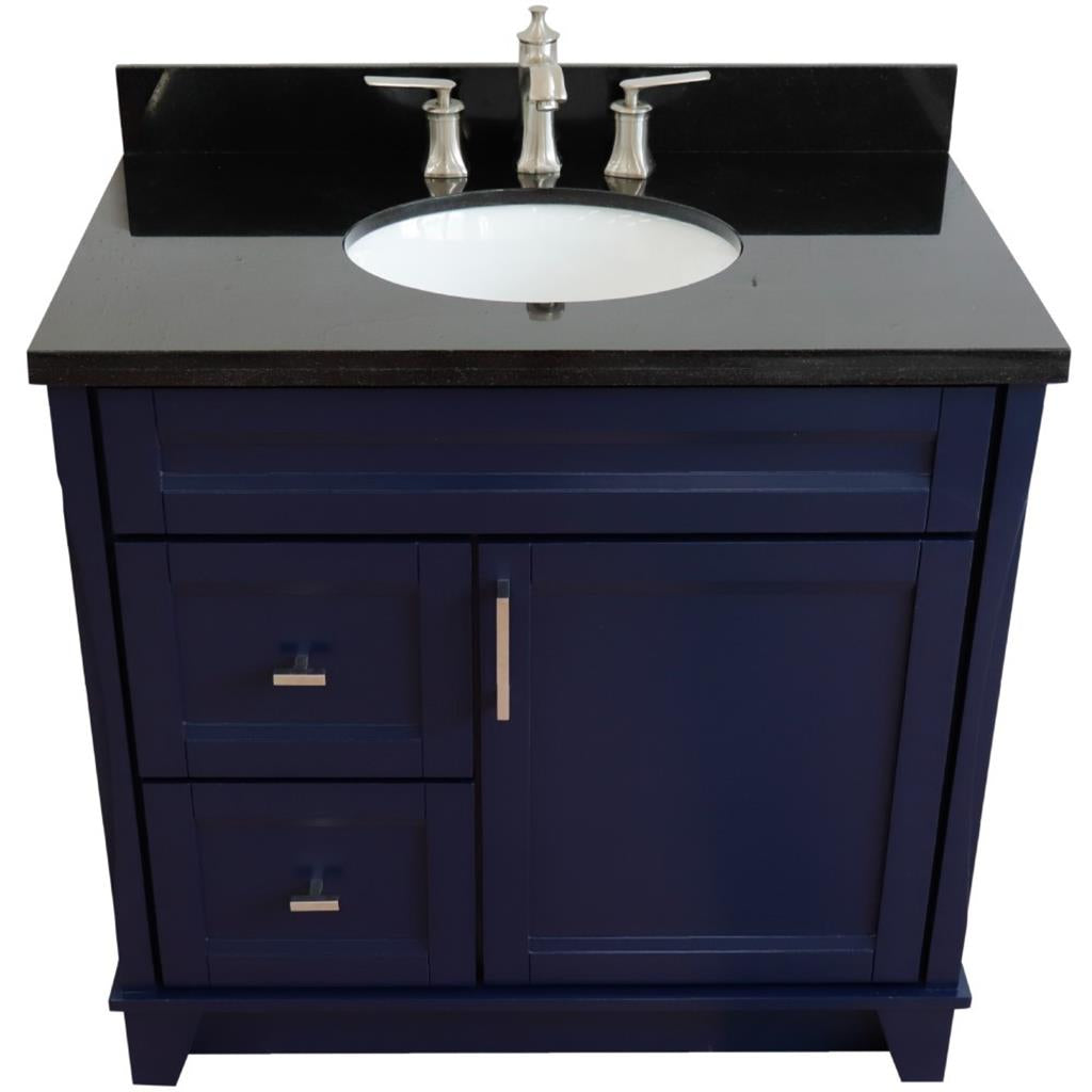 Bellaterra Terni 37" Single Vanity, Blue, Black Galaxy Granite Top/Center Oval Sink, Right Drawers