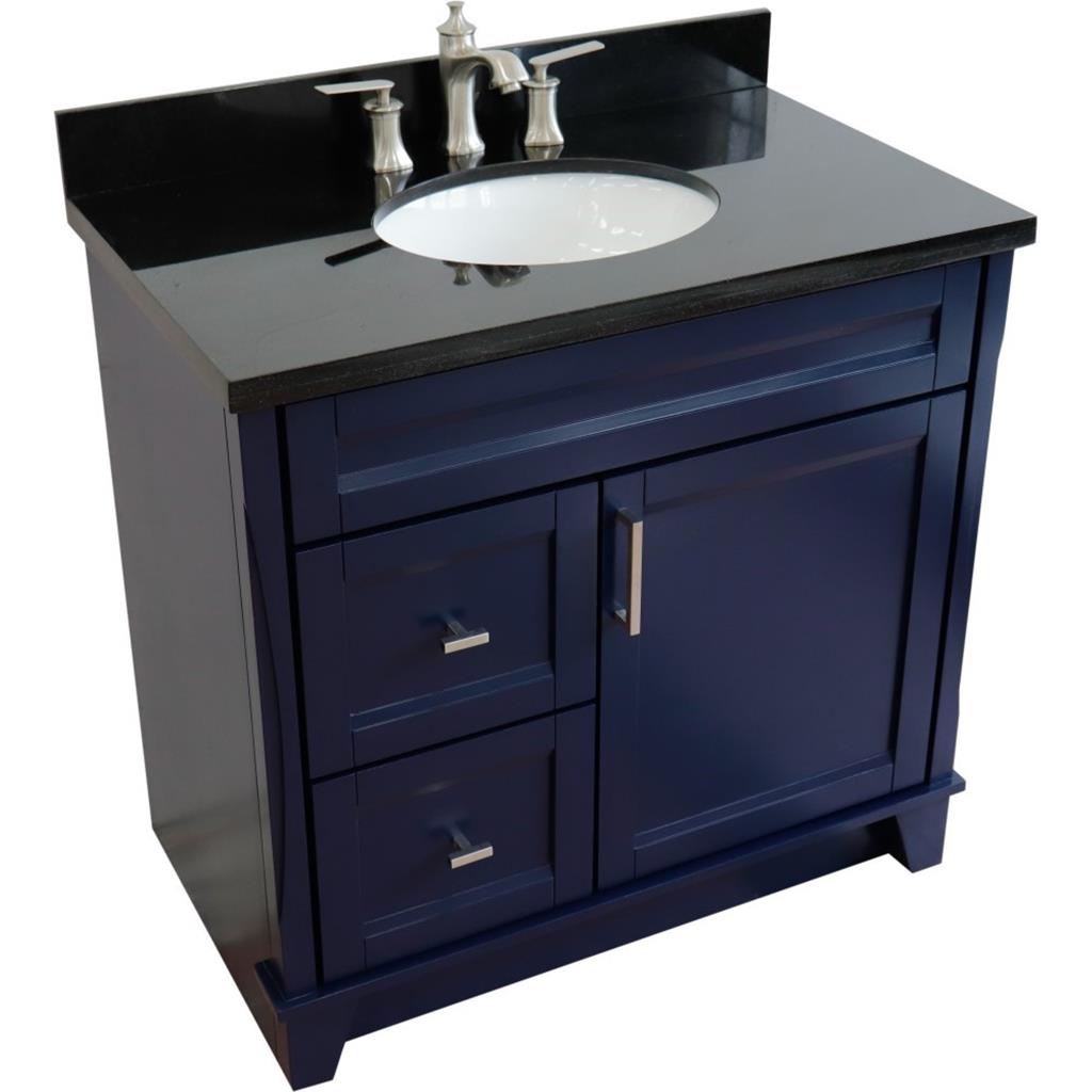 Bellaterra Terni 37" Single Vanity, Blue, Black Galaxy Granite Top/Center Oval Sink, Right Drawers